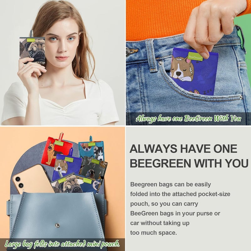 BeeGreen Cute Dog Cloth Gift Bags - Reusable Grocery Bag with Handles Foldable Washable 6 Pack - Extra Large Heavy Duty Tote Bag for Groceries (Bulk Holiday Packable Travel) - Shopping Bags for Women​ - Image 4